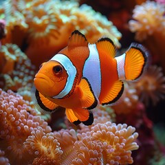 Clown anemonefish (Amphiprion percula) on a coral reef - obrazy, fototapety, plakaty