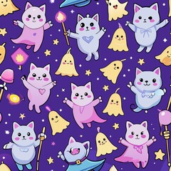 Seamless pattern of happy ghost kittens with magical wands, Generative AI