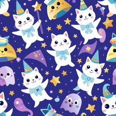 Seamless pattern of happy ghost kittens with magical wands, Generative AI