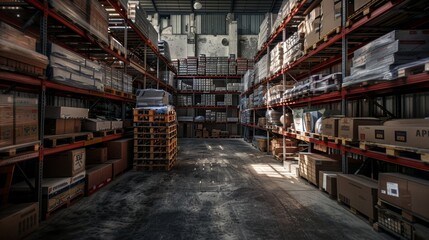 Obraz premium Warehouse or storage and shelves with cardboard boxes.