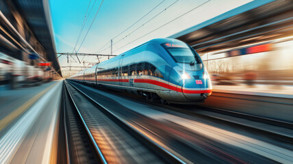 High speed train motion  railway station sunset. Fast moving modern passenger train railway platform Railroad motion blur effect