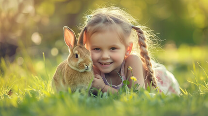 little girl with bunny rabbit grass sun set little girl enjoy and fast animal in speed 