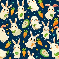 Naklejka premium Seamless pattern of joyful ghost bunnies with carrot treats, Generative AI