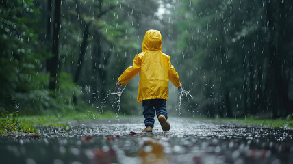 Boy in yellow raincoat, Child having fun on rainy