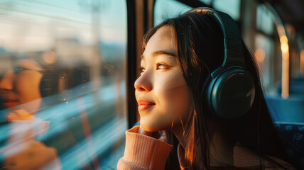 Happy teen passenger listening to the music traveling in a train and looking through the window