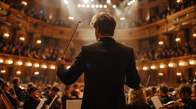 An orchestra with a conductor standing on stage in front of an audience. Generative AI.
