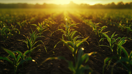 Rows of young corn plants the sunset Green corn