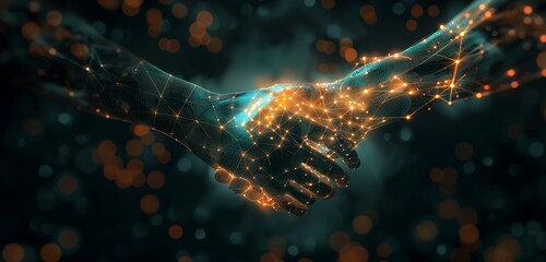 A luminous, digital handshake forming a secure connection over a network, illustrating the trust and safety in data exchanges between secure entities. 32k, full ultra hd, high resolution