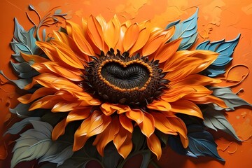 Creative Rendition of Vibrant Sunflowers Beautiful, Heart-Shaped Patterns in a Unique Design, Unique Sunflower Art A Vibrant and Creative Painted Pattern with Heart-Shaped Motifs, Diverse and Interest