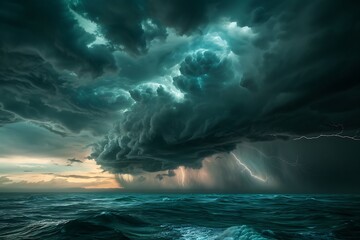 A dramatic seascape a tempestuous storm brews over a vast ocean, churning the water with dark, ominous clouds unleashing streaks of lightning, capturing the raw power of nature.