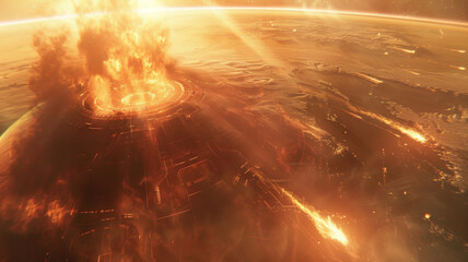 A fiery explosion is seen in the sky above a planet