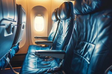 Empty passenger seats in cabin of the aircraft. Plane interior. Business class