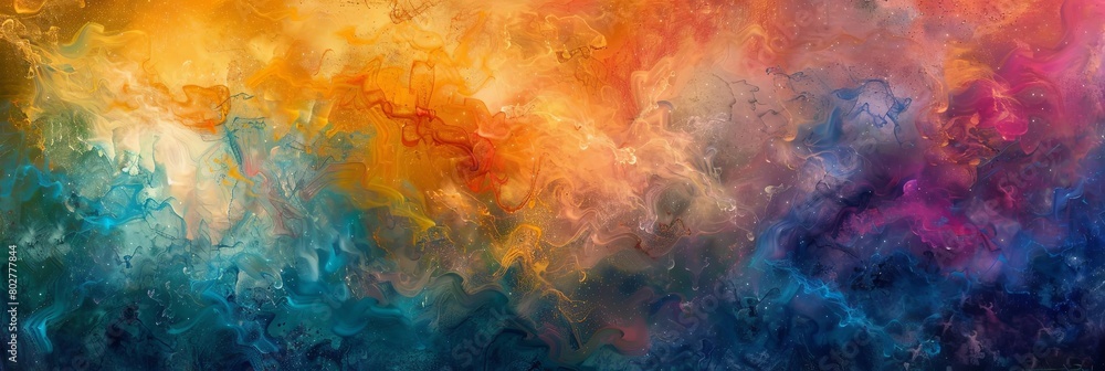 Poster an abstract painting featuring a colorful array of shapes and sizes, including a triangle, a square