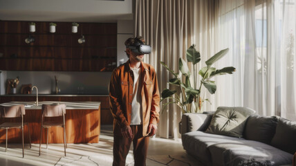 Obraz premium man stands in contemporary living space, engaged with augmented virtual reality glasses
