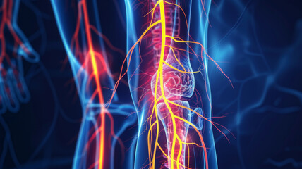 Sciatic nerve compression shown by leg shooting pain in photo. Concept Sciatica