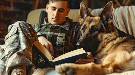 Fototapeta na wymiar Soldier of USA army with military working dog reading