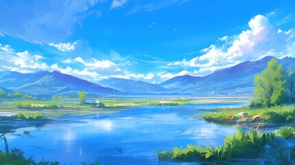 art illustration lake landscape