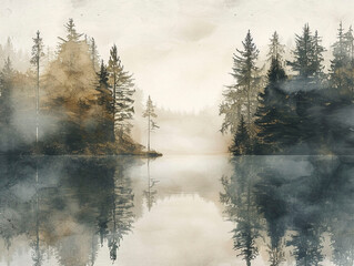 foggy lake, neutral pastel watercolor, boho style