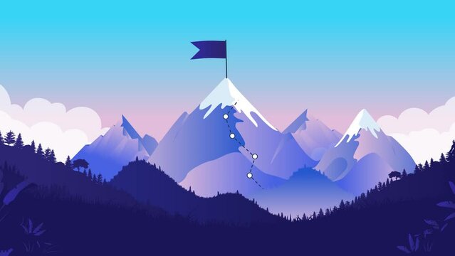 Reaching the top - Mountain with flag on peak animated with trail and path going up reaching the highest point. business success, achievement and goal setting concept in flat design vector animation