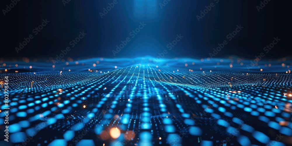 Poster Blue technology background with light lines and graphs, data flow concept. Vector illustration of blue digital background with line chart on floor, for business presentation design. Generative AI.