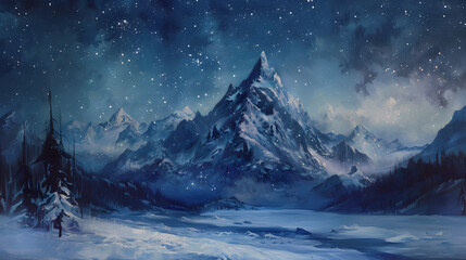 Majestic Frozen Peak Under Starry Night Sky Serene Landscape of Icy Mountain Lake and Evergreen Forest