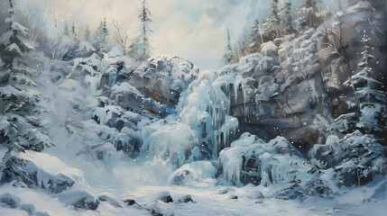 Frozen Waterfall Cascading Down a Rugged Mountain Landscape Surrounded by Snow Laden Evergreen Trees