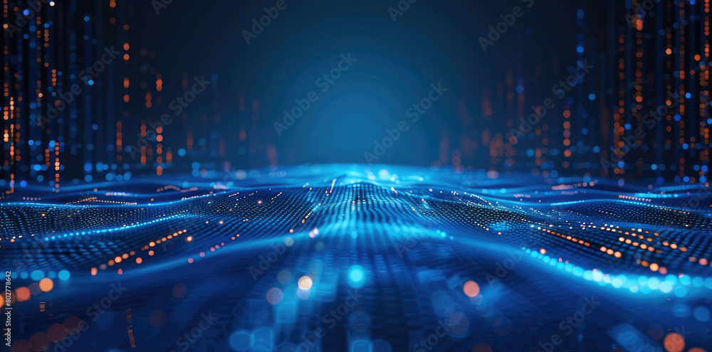 Poster Blue technology background with light lines and graphs, data flow concept. Vector illustration of blue digital background with line chart on floor, for business presentation design. Generative AI.