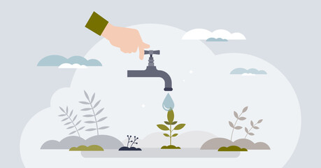 Water management and save natural resources tiny person hands concept. Clean and drinkable tap water after purification and filtering for drinking vector illustration. Aqua preservation and reusage.