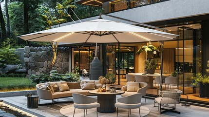 A large garden umbrella with LED lights, placed on the terrace of an outdoor dining area in front of a modern home with decor and accessories. beige chairs around round tables. Generative AI.