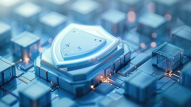 A white and blue background with an isometric illustration of a security shield, a security logo, graphic design concept for reflections on cyber security in modern technology design. Generative AI.