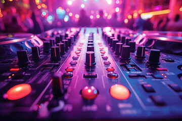 music board console DJ mixer in night club in booth at party against background of people dancing