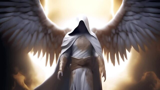 A mythical angel with white wings and armor.
