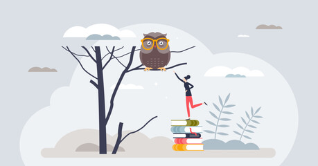 Power of mentorship for personal development and growth tiny person concept. Education and study with assistance and guidance from smart mentor vector illustration. Potential improvement with study.