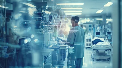 A dynamic shot of medical professionals working in a hospital setting overlaid with health-related words and phrases, symbolizing healthcare communication.