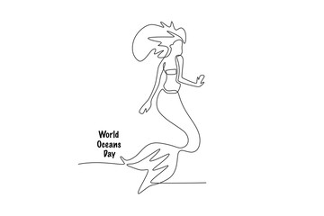 Mermaid. World ocean day concept one-line drawing