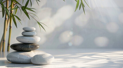 Stack of spa stones and bamboo branches on light background