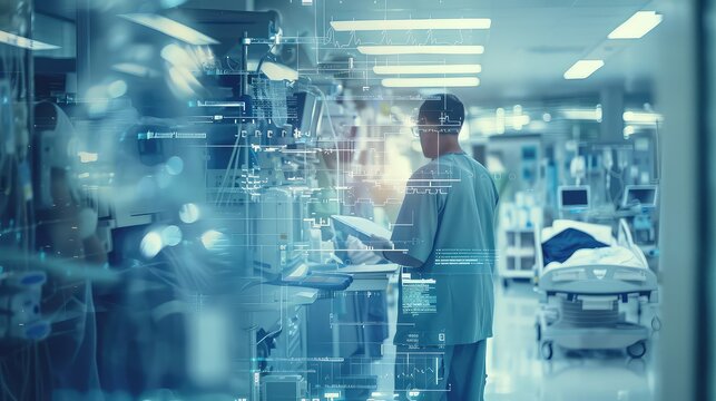 A dynamic shot of medical professionals working in a hospital setting overlaid with health-related words and phrases, symbolizing healthcare communication.