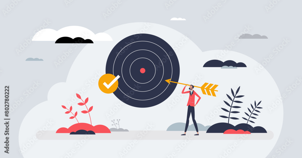 Poster goal setting as effective objective achievement plan tiny person concept. successful leadership and 