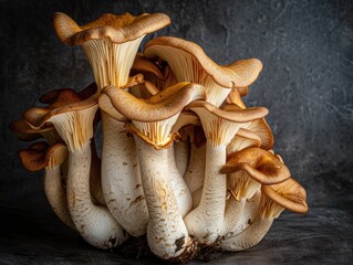 Big, long mushrooms called king oyster mushrooms! They're on a dark background. They look cool and yummy!  - obrazy, fototapety, plakaty