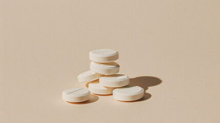 Fototapeta na wymiar Stacks of white soluble tablets on beige background