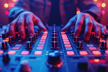 male hands of DJ mixes music on a DJ console mixer board at a night club in party