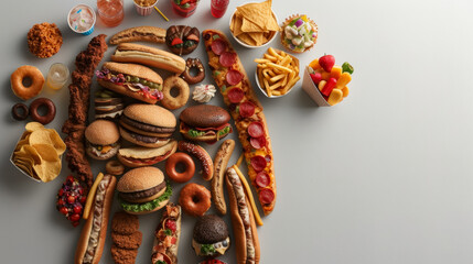 A large assortment of food items including hot dogs, hamburgers, and fries