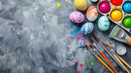 palette with paints and brushes easter eggs on a wooden background printed egg brush 