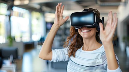 A woman is wearing a virtual reality headset and smiling