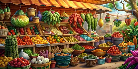 Un puesto de mercado vibrante rebosante de pimientos coloridos, tunas y ingredientes frescos para un festín de Cinco de Mayo.