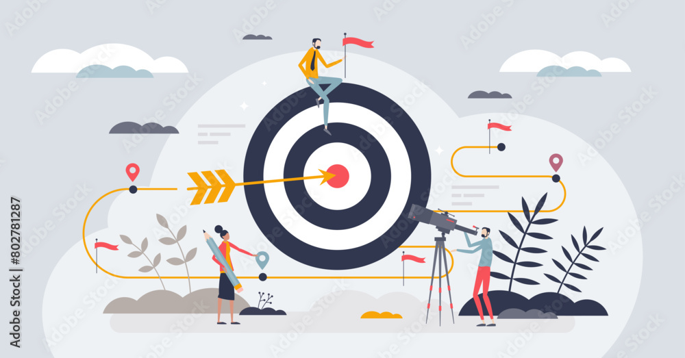 Poster goal setting as action plan for employee motivation tiny person concept. achieve target with effecti