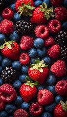 Fototapeta premium Fresh Mixed Berries Assortment on Dark Vertical Background - Strawberry, Blueberry, Raspberry, Blackberry