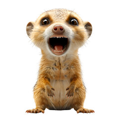 A 3D animated cartoon render of a mongoose shouting a warning about a shark.