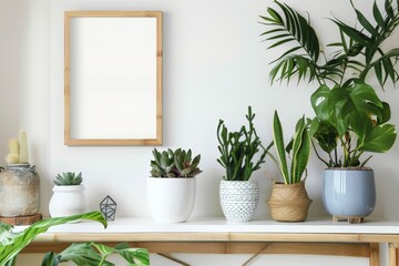 Scandinavian Interior Design Aesthetic with Houseplants and Blank Frame mock up on Wooden Shelf