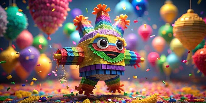 Dulces coloridos explotando de una pi&ntilde;ata con forma de bandera mexicana sobre un tel&oacute;n de fondo de una fiesta.
